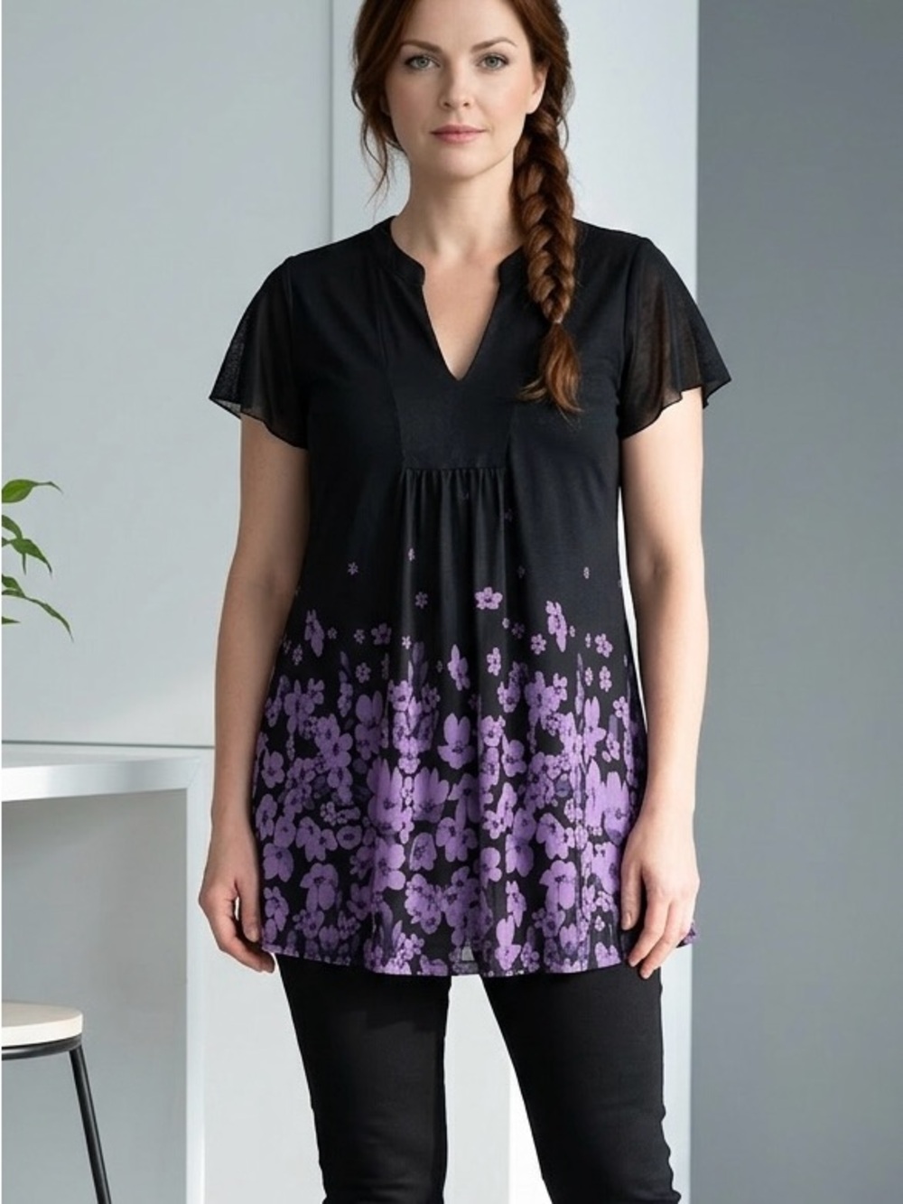 Black Tunic with Purple Floral Border - V-Neck Short Sleeve Women’s Top